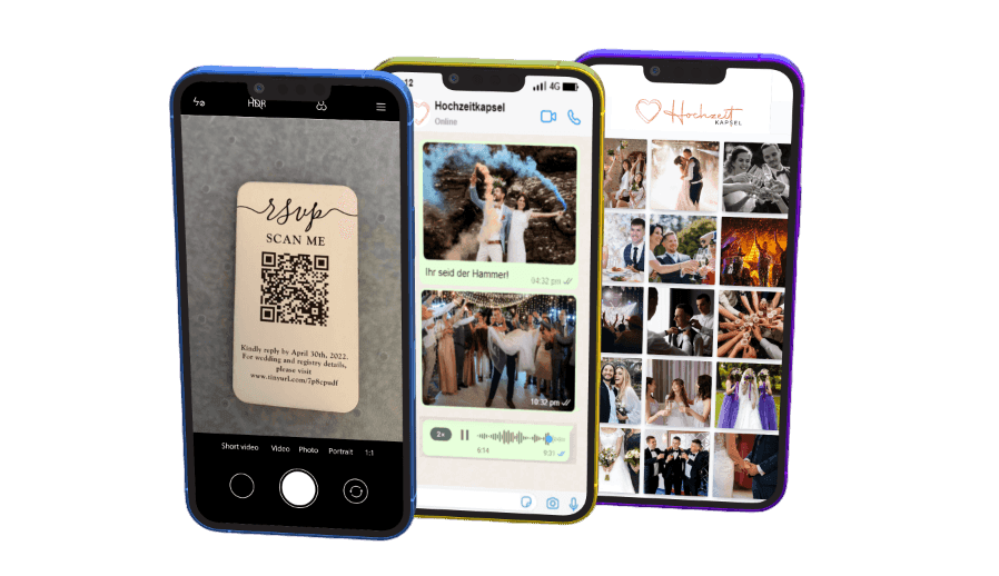 Three smartphones showing a wedding guest book QR code and a gallery for collecting wedding photos.