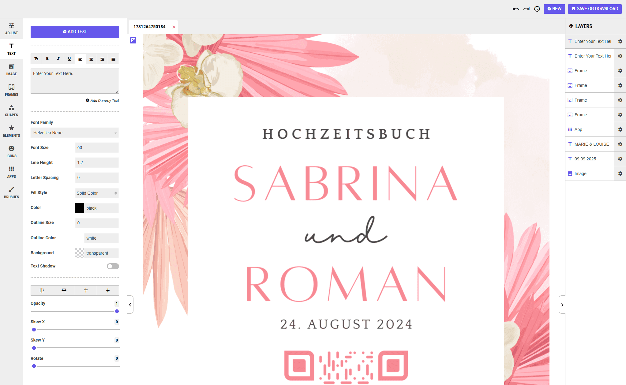 Wedding guest book with QR code for collecting photos, featuring floral design and date: