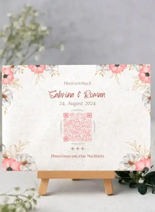 Wedding guest book with QR code for collecting photos, floral design, August 2024.